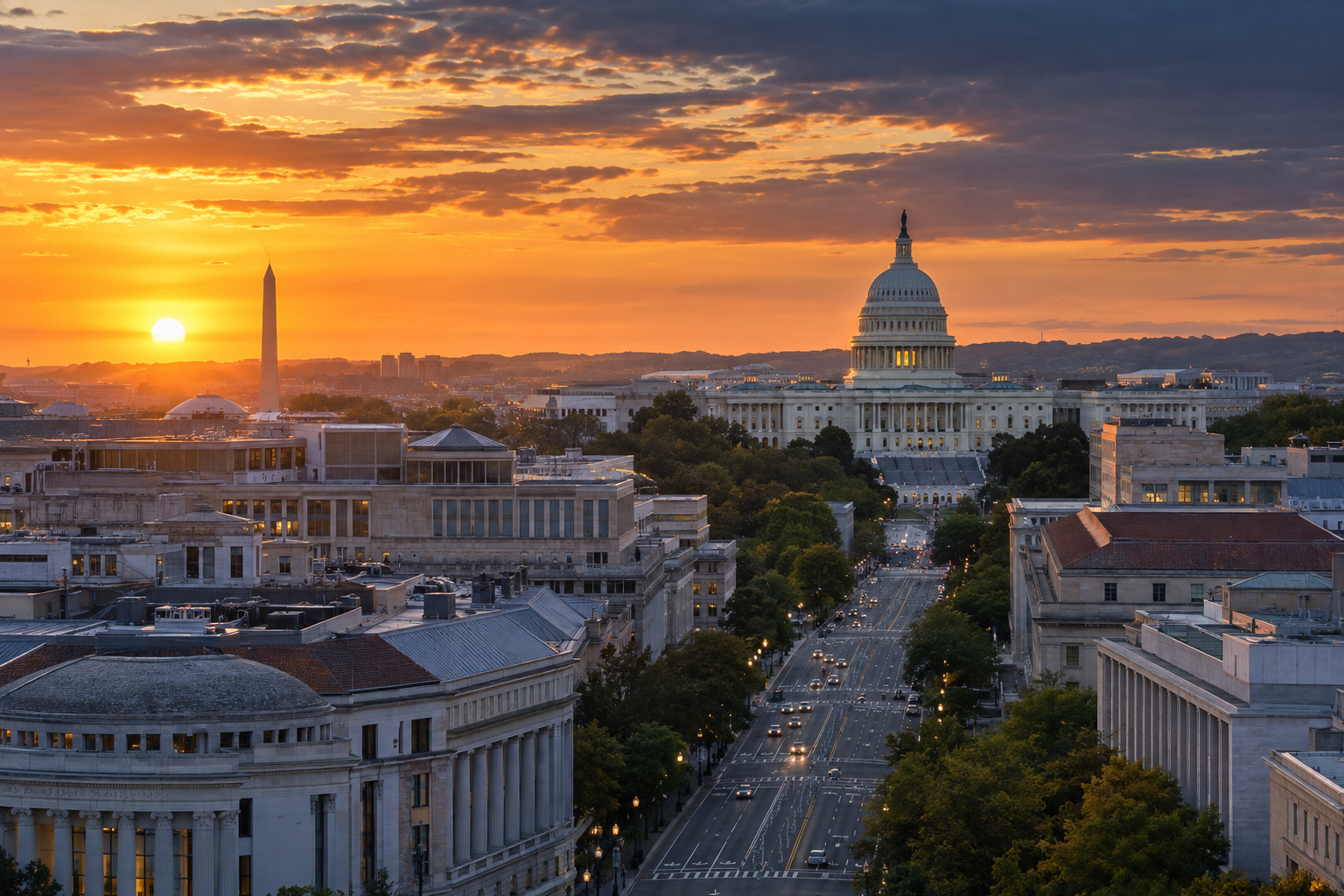 Washington skyline and the U.S. Capitol at dawn